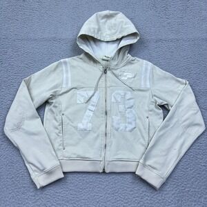 VTG Pepe Jeans London Track Zip Hoodie Womens L Beige 73 Jacket Elbow Patch Logo